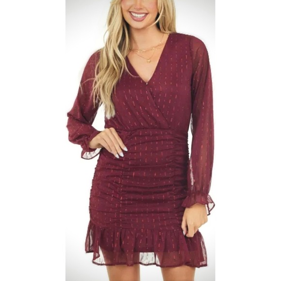She + Sky‎ Burgundy Mini Dress Long Sleeve Ruffle Hem Party Dress M NWT - Picture 1 of 11